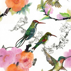 Drawing of beautiful bright birds and flowers seamless pattern