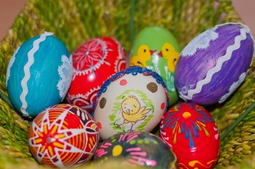 Easter egg - hand painted beautiful and colorful in basket