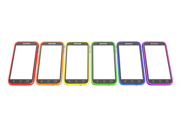 multicolored smartphones in row