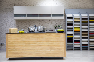 interior of modern kitchen and rack with tiles