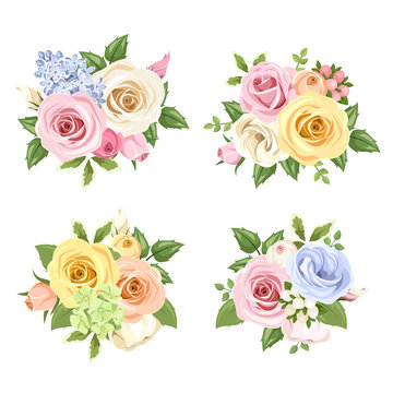 Set of bouquets of colorful roses and lisianthus flowers.