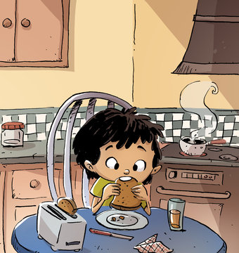 ni&ntilde;o desayunando
