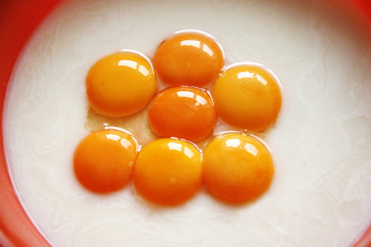 Egg yolk closeup as a background. Raw eggs in a bowl