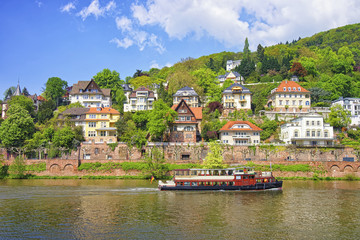 Fototapeta na wymiar Steamer in the river in front of quay in summer Heidelberg