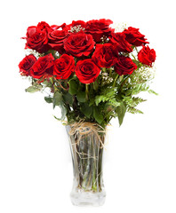 Obraz premium bouquet of blossoming dark red roses in vase isolated on white b
