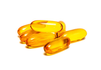 Fish oil supplement product capsules isolated on white backgroun