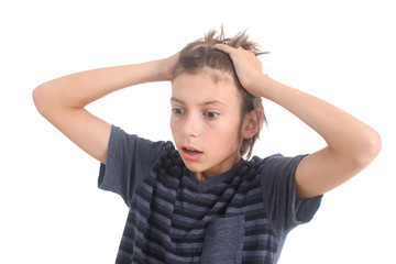 stressed out boy on a white background