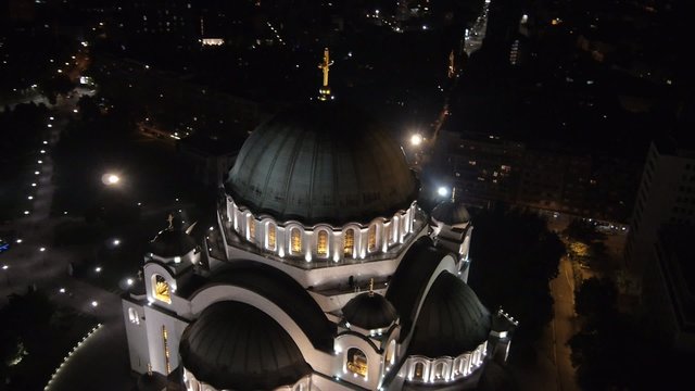 Night aerial view of biggest orthodox church in Serbia.