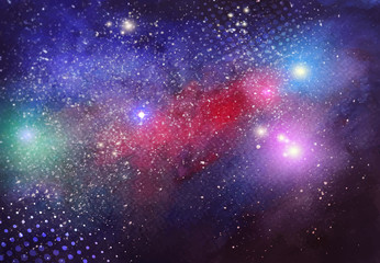 Vector watercolor hand drawn galaxy background with bright