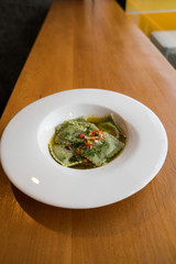 Ravioli pasta from green dough
