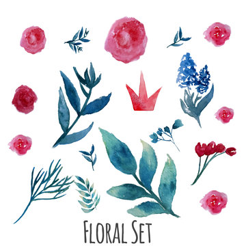 Vector watercolor floral set with vintage leaves and flowers