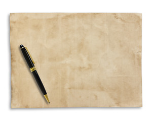 old brown paper and pen isolated on white background