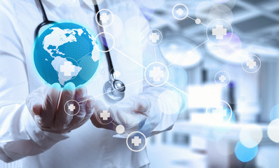 smart medical doctor hand showing network with bokeh exposure as