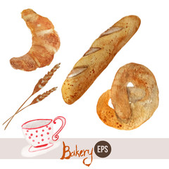 Vector watercolor hand drawn bakery set with croissant, loaf