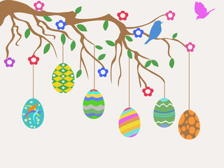 Fototapeta premium easter egg hanging on tree and birds flowers card