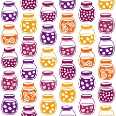 Fun seamless pattern with the colorful fruit jam jars.