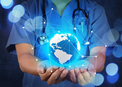 smart medical doctor hand showing network with bokeh exposure as