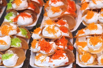 close up of thai crispy pancake - cream crepes