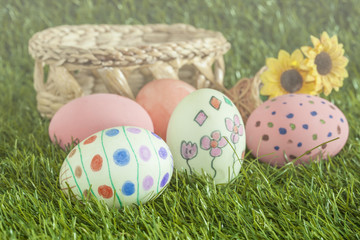 Soft light ,soft focus of easter eggs and daisies
