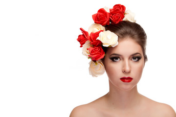 Woman with flowers in head on white background