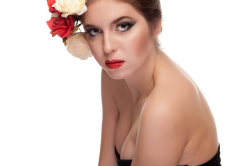 Naklejka premium Gorgeous sexy model with flowers in head
