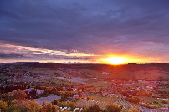 View of the typical Tuscan countryside at sunset
