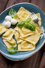 Ravioli stuffed with mozzarella, close-up, selective focus