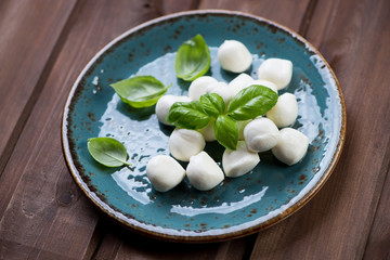Turquoise plate with mozzarella balls and green basil leaves