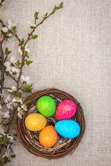 Decorative easter eggs in a nest with flowers