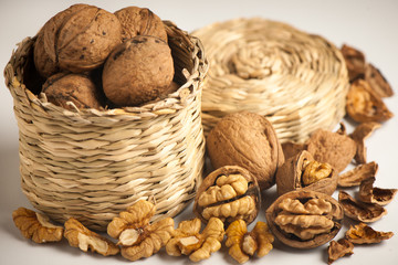 Wallnuts on a table in small baskets