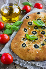 Italian focaccia bread with black olives