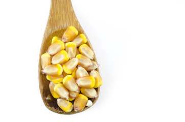 Wooden spoon full of corn isolated