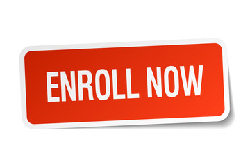 enroll now red square sticker isolated on white