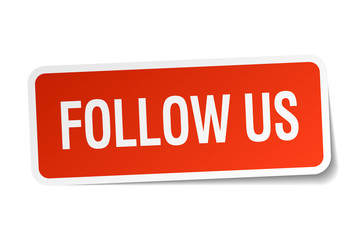 follow us red square sticker isolated on white