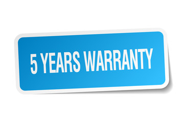 5 years warranty blue square sticker isolated on white