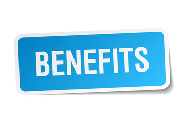 benefits blue square sticker isolated on white