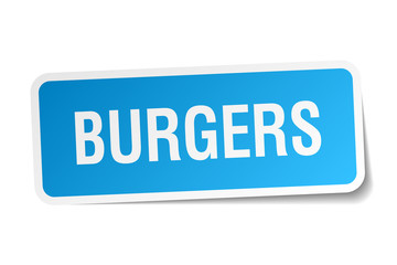 burgers blue square sticker isolated on white