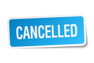 cancelled blue square sticker isolated on white