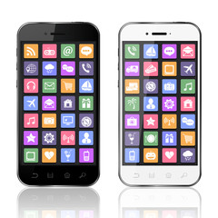 Black and white mobile phones with apps icons