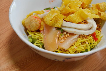 noodles with fish ball and red sauce