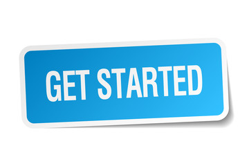 get started blue square sticker isolated on white