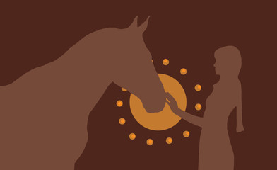 Silhouette of the girl and  horse in brown