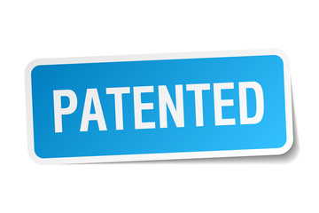 patented blue square sticker isolated on white