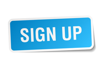 sign up blue square sticker isolated on white