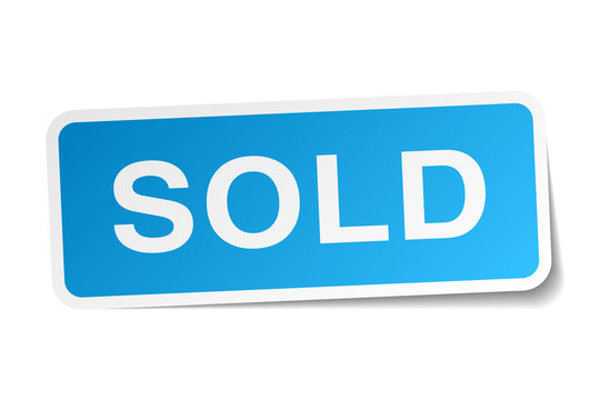 sold blue square sticker isolated on white