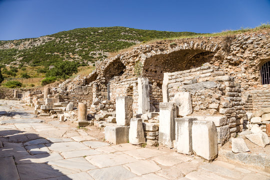 Ruins of buildings in the ancient street in Ephesus