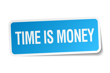 time is money blue square sticker isolated on white