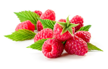 Fresh raspberry with leaves isolated on white