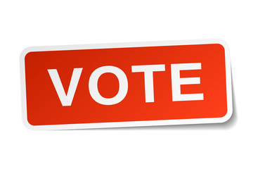 vote red square sticker isolated on white