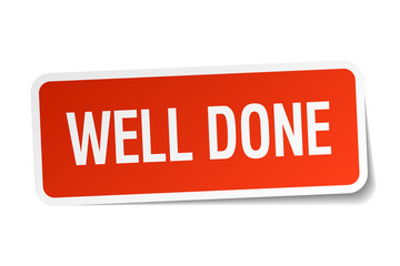 well done red square sticker isolated on white